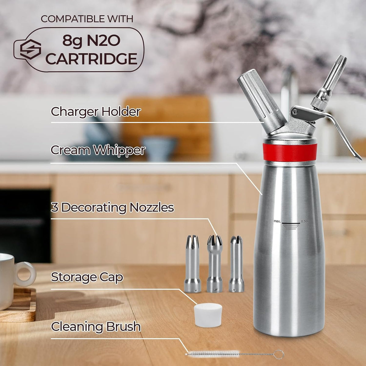 Whipped Cream Dispenser Professional Whip Cream Canister Whipped Cream Maker with 3 Decorating Stainless Nozzles (Aluminum)