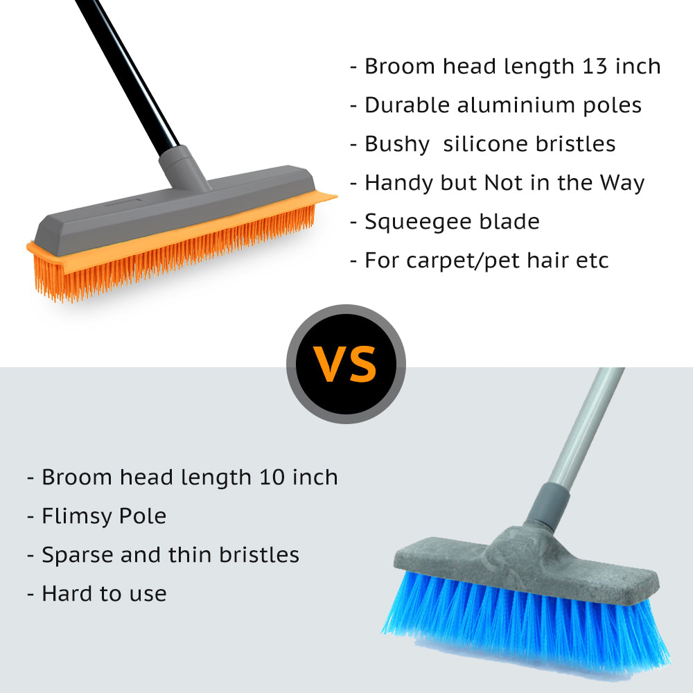 Rubber Broom Pet Hair Broom with Squeege Push Broom Carpet Rake