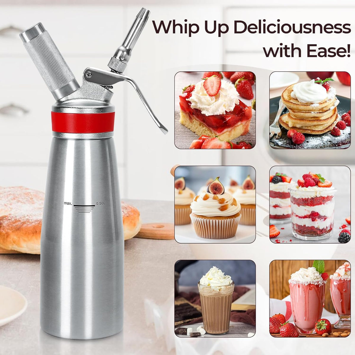 Stainless Steel Whipped Cream Dispenser Professional Whip Cream Canister Whipped Cream Maker With 3 Decorating Stainless Nozzles - N2o Chargers (Not Included) (Stainless Steel)