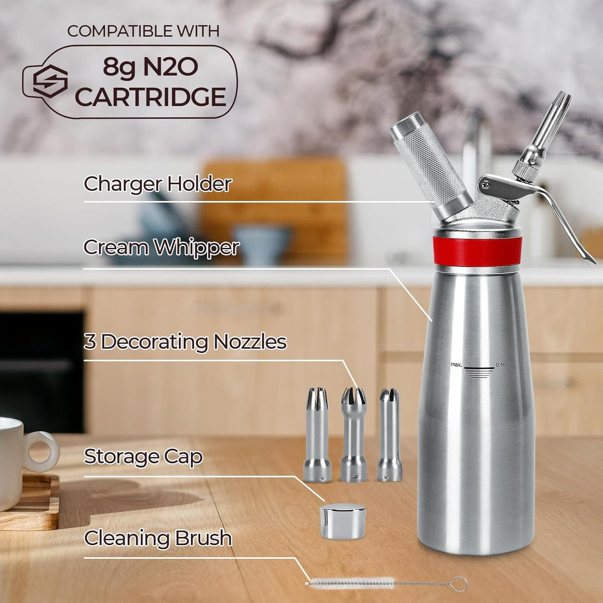 Stainless Steel Whipped Cream Dispenser Professional Whip Cream Canister Whipped Cream Maker With 3 Decorating Stainless Nozzles - N2o Chargers (Not Included) (Stainless Steel)
