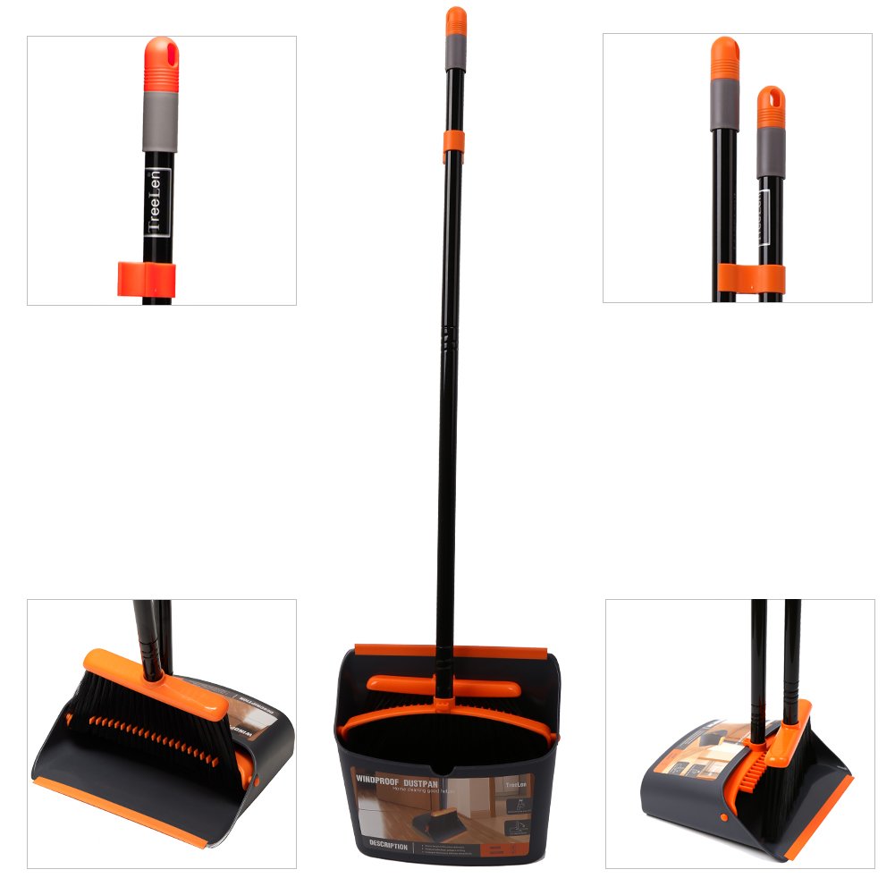 Broom and Dustpan Set, Sweep Set, Upright Broom and Dust pan Combo with 54 Inch Long Handle, Orange and Dark Grey