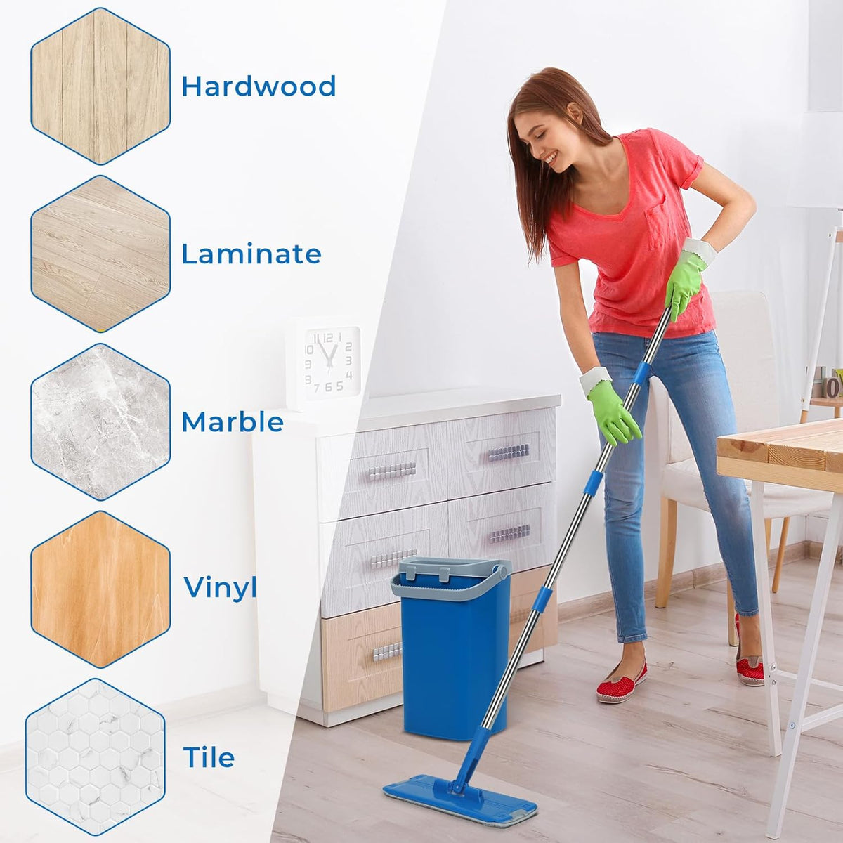 Mop and Bucket Set with 2 Washable Pads,Mop and Bucket with Wringer Set for Home Kitchen Tile Hardwood Laminate Floor Cleaning