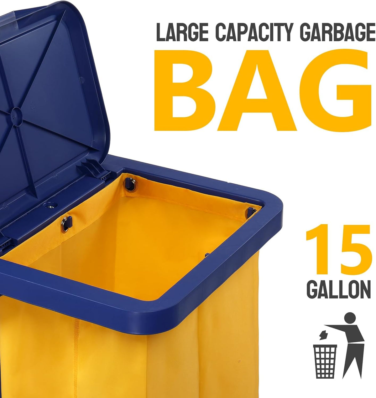 Treelen Commercial Traditional Cleaning 3-Shelf Janitorial Cart, 500 Lbs Capacity Housekeeping Cart, Wheeled with Yellow VinylBag and Cover w Lid, Blue