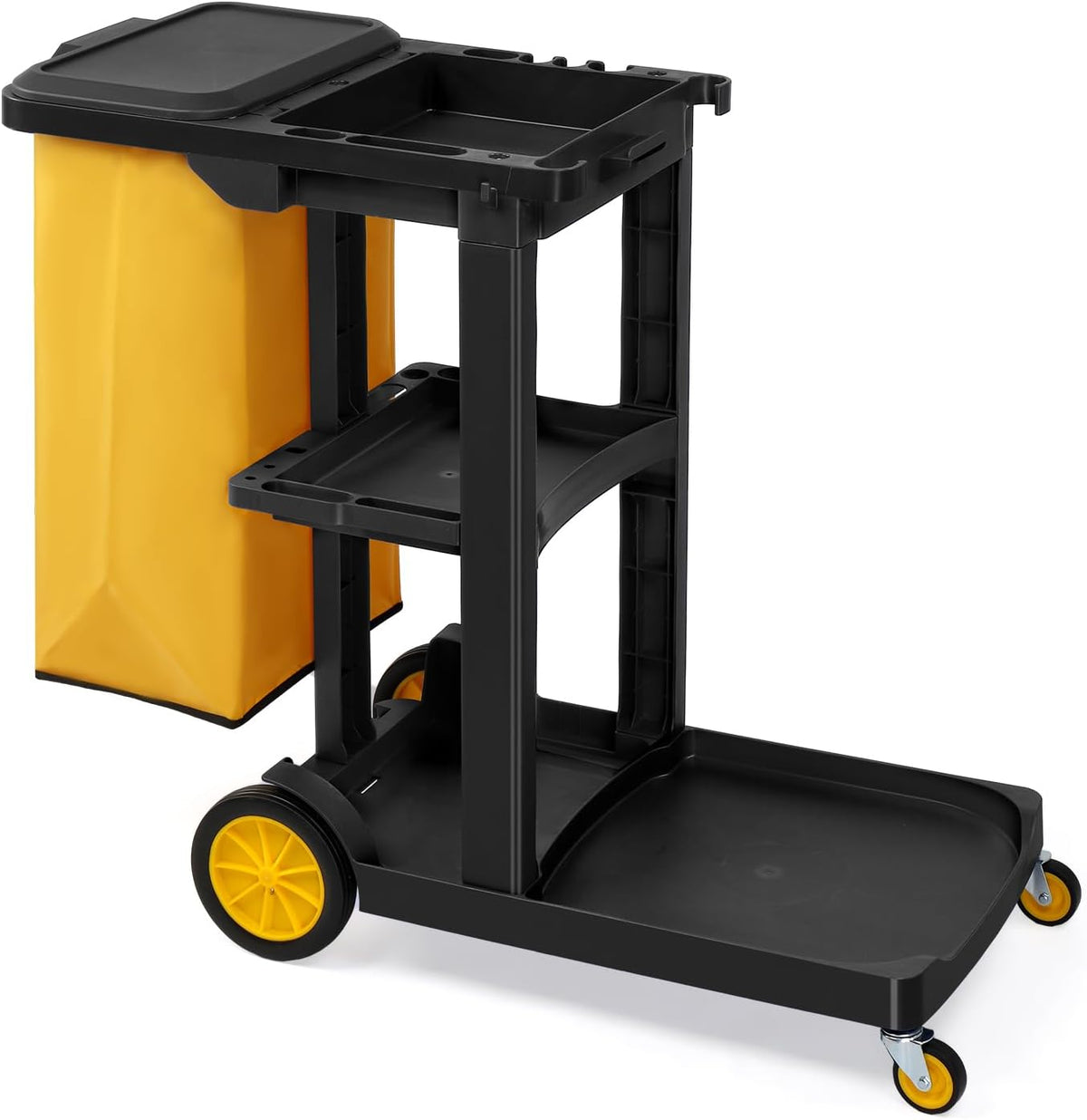 Treelen Commercial Traditional Cleaning 3-Shelf Janitorial Cart, 500 Lbs Capacity Housekeeping Cart, Wheeled with Yellow VinylBag and Cover w Lid, Black