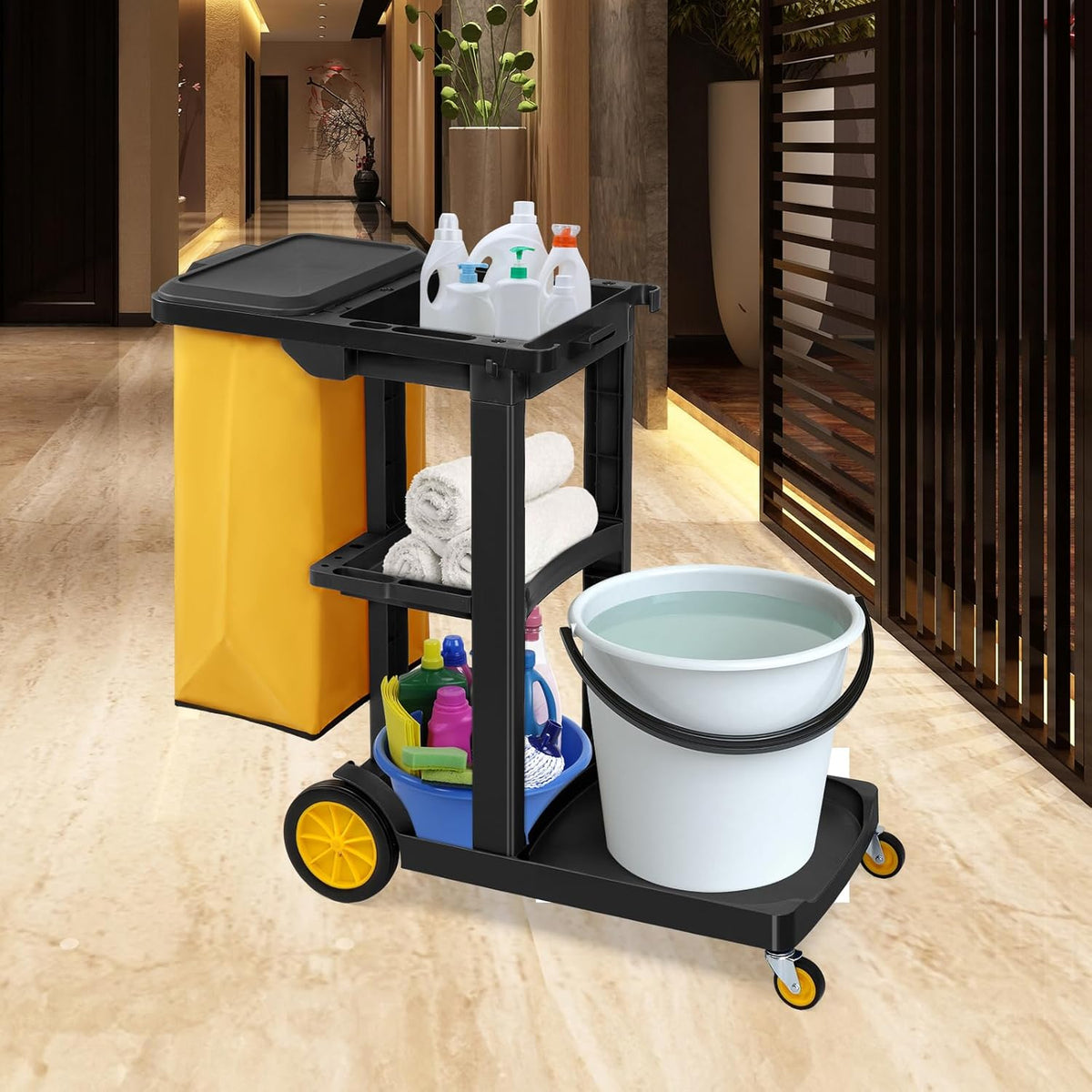 Treelen Commercial Traditional Cleaning 3-Shelf Janitorial Cart, 500 Lbs Capacity Housekeeping Cart, Wheeled with Yellow VinylBag and Cover w Lid, Black