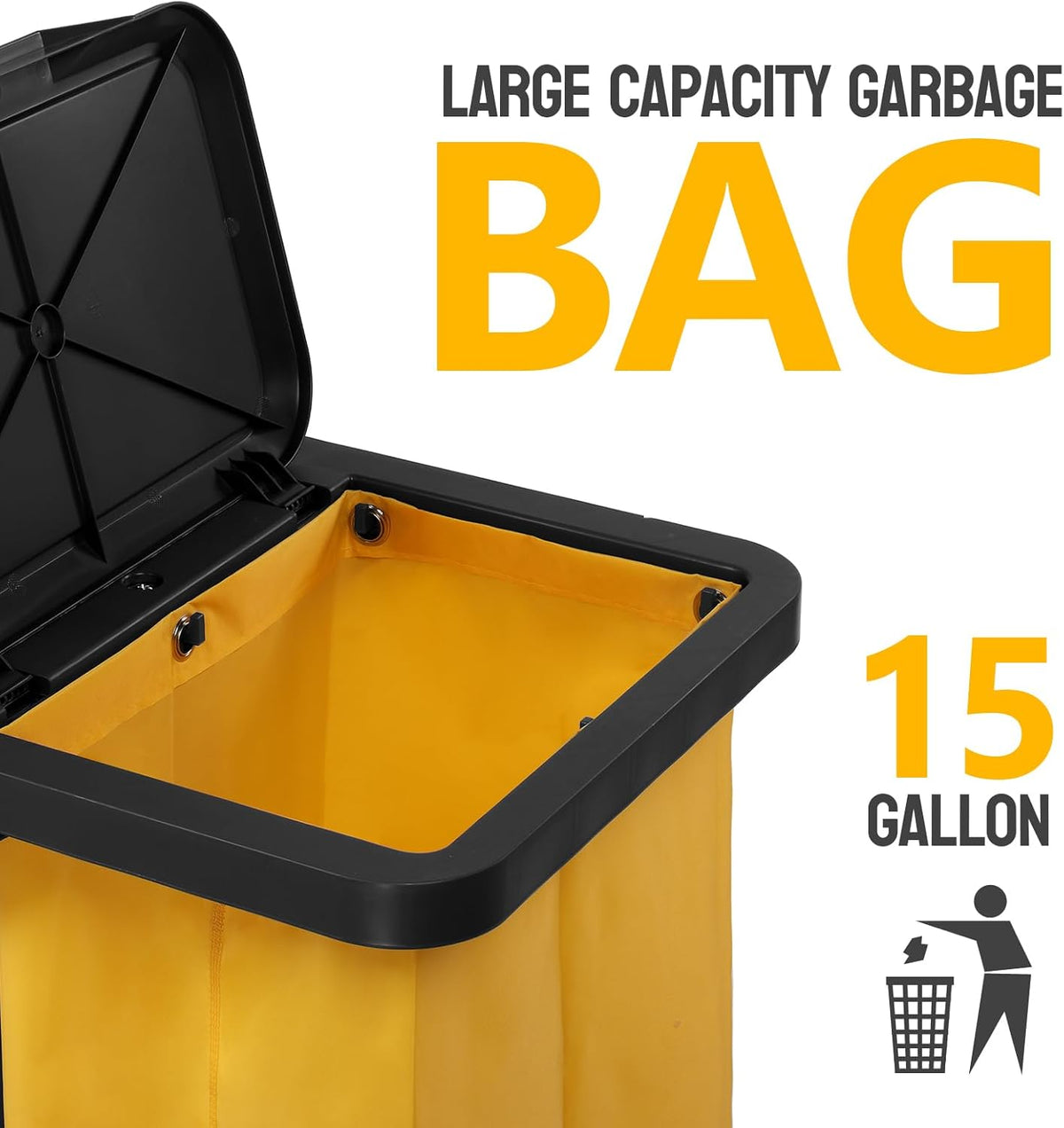 Treelen Commercial Traditional Cleaning 3-Shelf Janitorial Cart, 500 Lbs Capacity Housekeeping Cart, Wheeled with Yellow VinylBag and Cover w Lid, Black