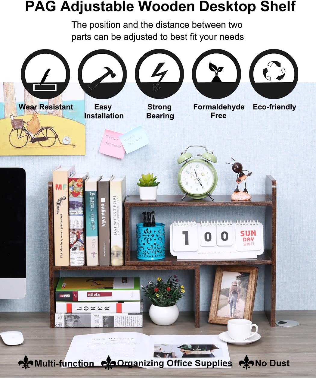 Desktop Bookshelf Adjustable Countertop Bookcase Office Supplies Wood Desk Organizer Accessories Display Rack, Antique Brown