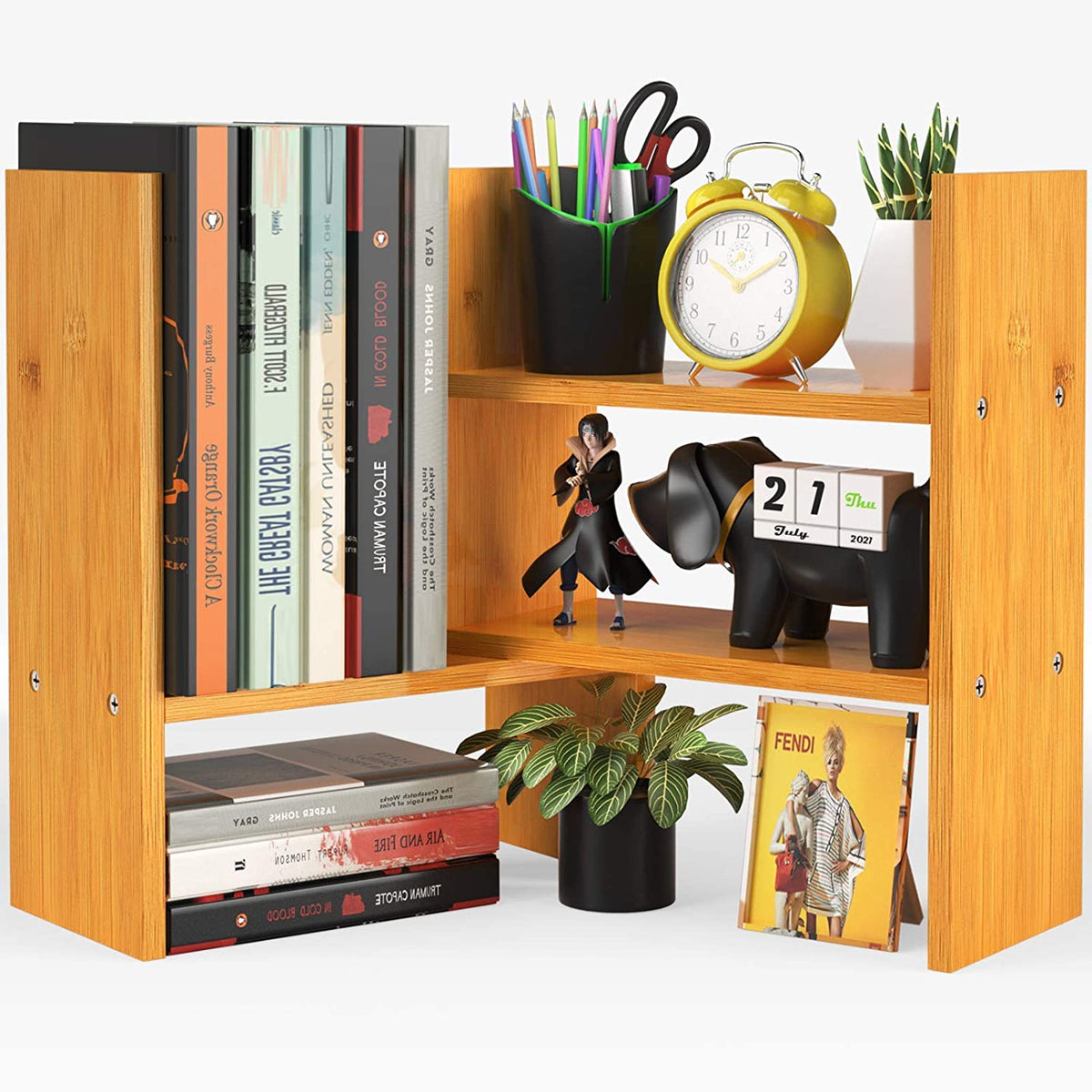 Bamboo Desktop Bookshelf Organizer, Large Office Desk Storage Shelf Rack, Natural Wood Adjustable Tabletop Display Corner Countertop Bookcase Shelves for Office Supplies, Home Decor, Kitchen