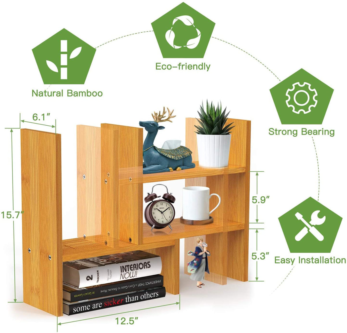 Bamboo Desktop Bookshelf Organizer, Large Office Desk Storage Shelf Rack, Natural Wood Adjustable Tabletop Display Corner Countertop Bookcase Shelves for Office Supplies, Home Decor, Kitchen