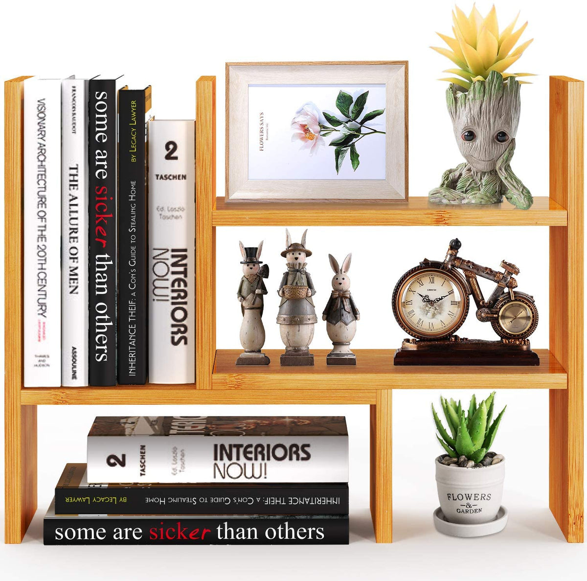 Bamboo Desktop Bookshelf Organizer, Large Office Desk Storage Shelf Rack, Natural Wood Adjustable Tabletop Display Corner Countertop Bookcase Shelves for Office Supplies, Home Decor, Kitchen