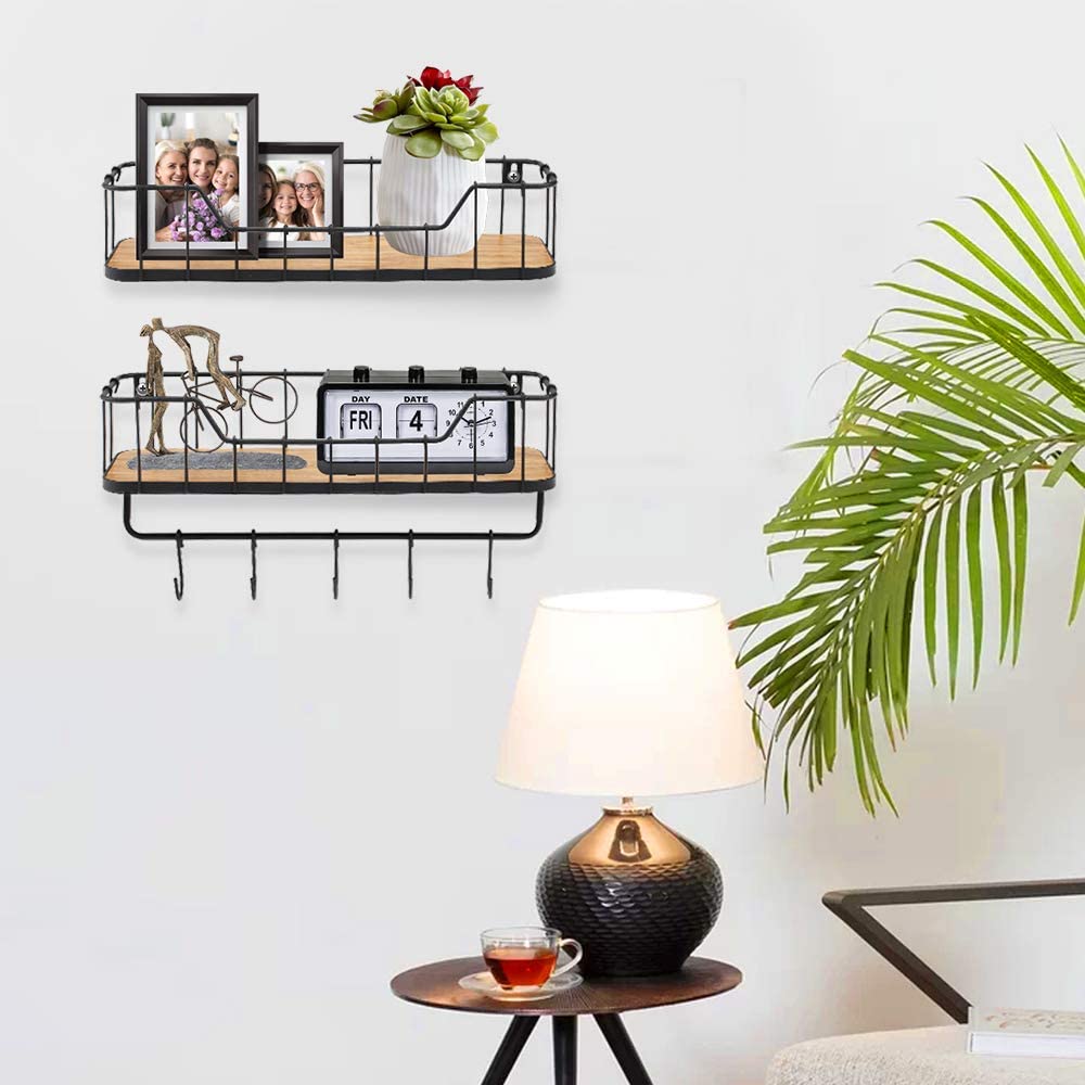 Floating Shelves for Bathroom Wall Shelf with Towel Bar and 5 Hooks Rustic Mounted Wood Shelving Storage Rack- Carbonized Black-Set of 2