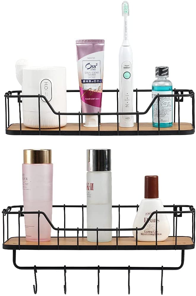 Floating Shelves for Bathroom Wall Shelf with Towel Bar and 5 Hooks Rustic Mounted Wood Shelving Storage Rack- Carbonized Black-Set of 2