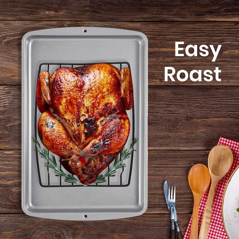 TreeLen Roasting Rack for Roasting Pan,Baking Rack for Cooking, Roasting, Cooling and Grilling,V Shape Non-Stick Wire Rack,10×8 inches Black