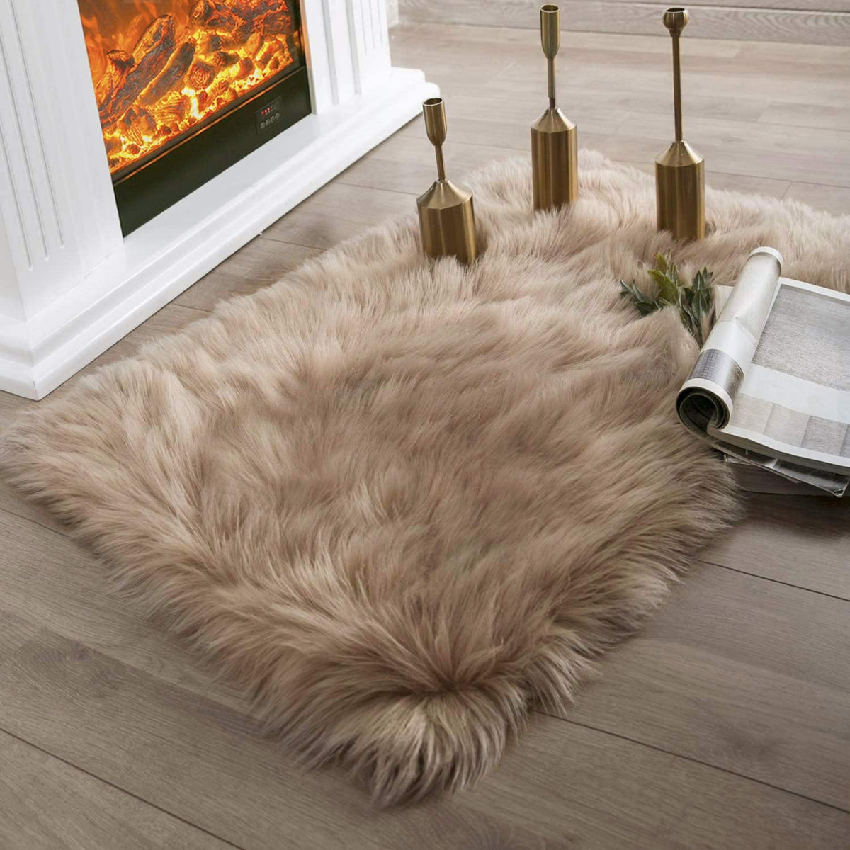 Ashler Faux Fur Beige Rectangle Area Rug Indoor Ultra Soft Fluffy Bedroom Floor Sofa Living Room 2 x 3 Feet