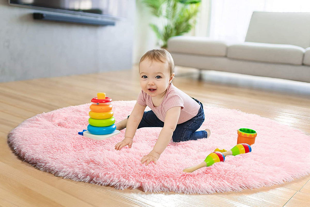 Pink Round Rug for Girls Bedroom,Fluffy Circle Rug for Kids Room,Furry Carpet for Teen Girls Room