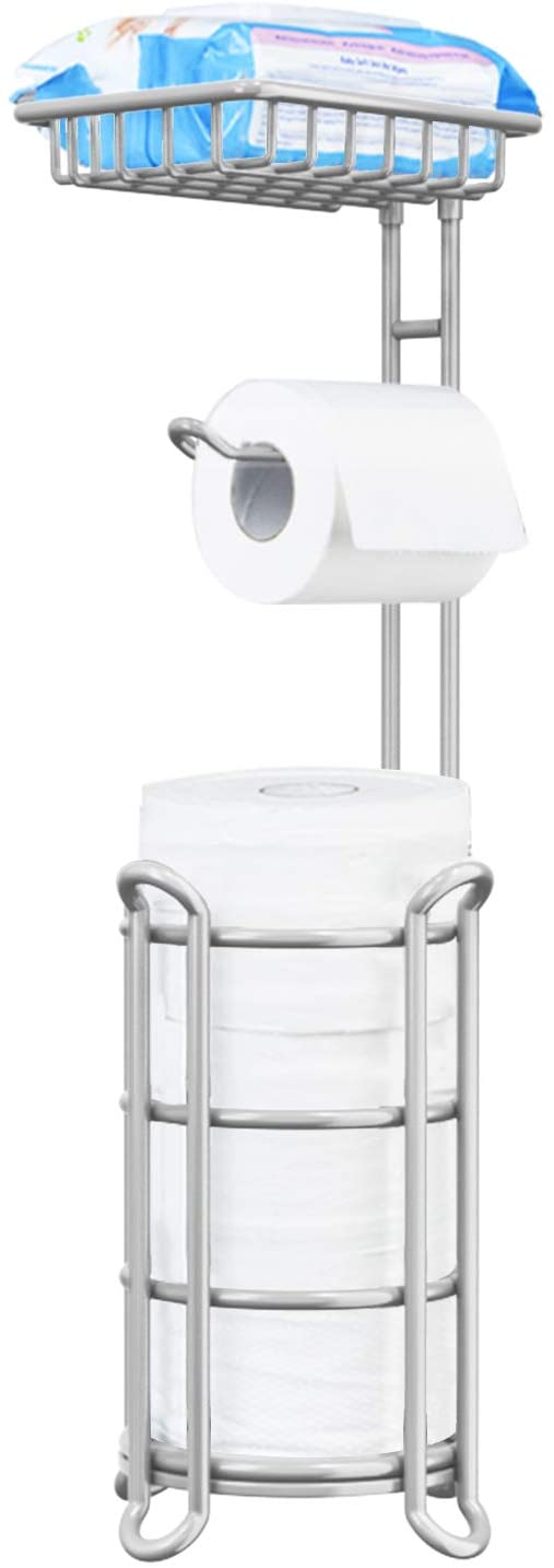 Toilet Paper Holder Stand Bathroom Tissue Dispenser Holders Rack Free Standing with Extra Shelf Storage Mega Rolls/Phone/Wipe - Light Gray