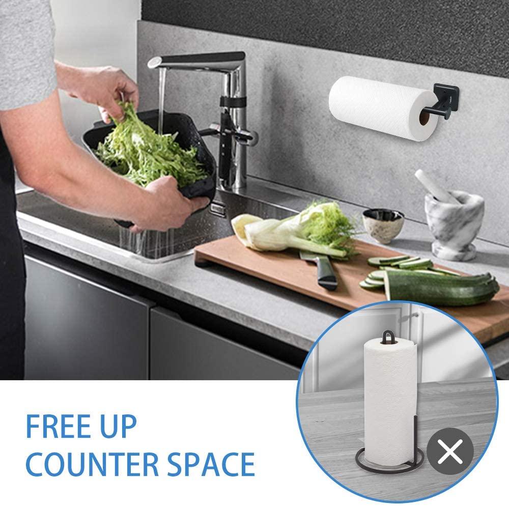 Paper Towel Holder Wall Mount Kitchen Paper Towel Rolls Dispenser Rack Cabinet Mount Holds Family Rolls-Black