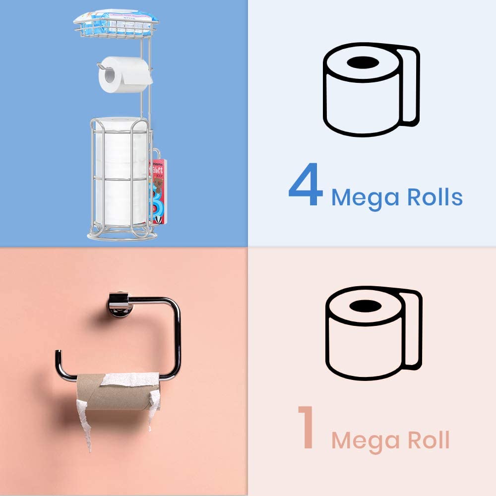 TreeLen Toilet Paper Holder Stand Tissue Holder for Bathroom Freestanding with Shelf Storage Mega Rolls//Phone/Wipe/Tablet/Books-Silver Gray