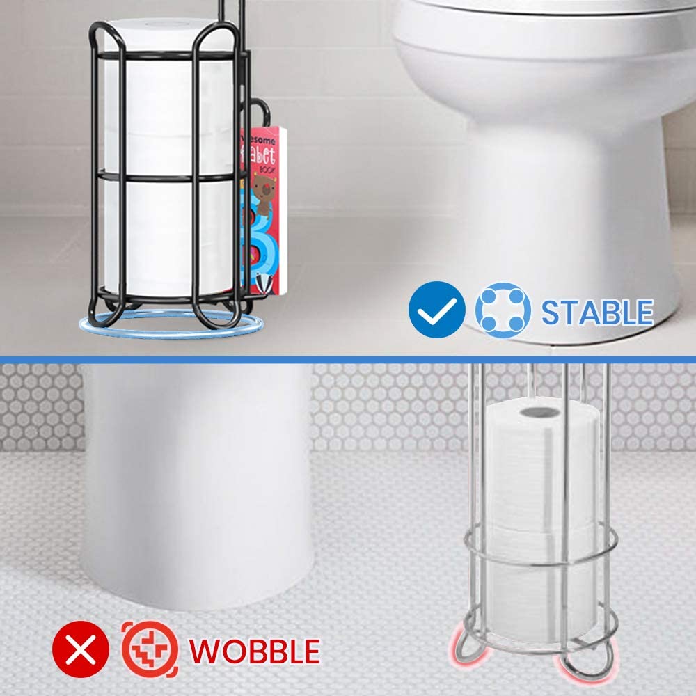 TreeLen Toilet Paper Holder Stand Bathroom Tissue Roll Holders Freestanding with Shelf Storage Large Rolls/Phone/Wipe/Tablet/Magazine-Black