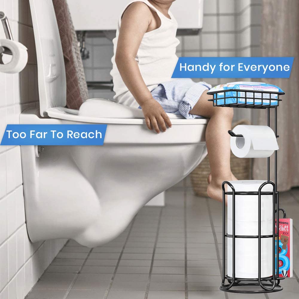 TreeLen Toilet Paper Holder Stand Bathroom Tissue Roll Holders Freestanding with Shelf Storage Large Rolls/Phone/Wipe/Tablet/Magazine-Black