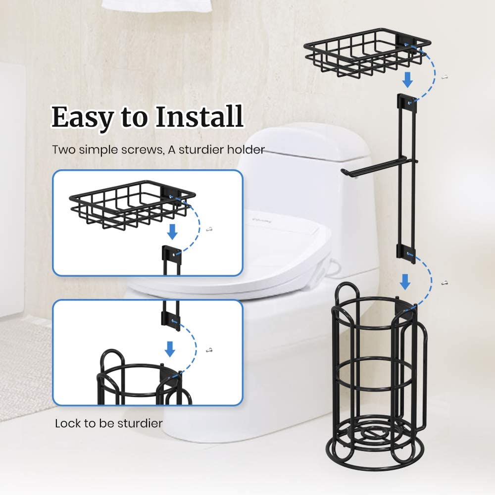 TreeLen Toilet Paper Holder Stand Bathroom Tissue Roll Holders Freestanding with Shelf Storage Large Rolls/Phone/Wipe/Tablet/Magazine-Black