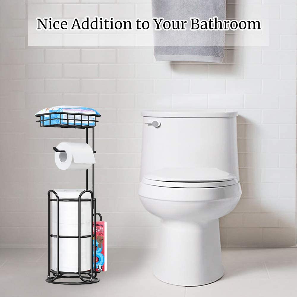 TreeLen Toilet Paper Holder Stand Bathroom Tissue Roll Holders Freestanding with Shelf Storage Large Rolls/Phone/Wipe/Tablet/Magazine-Black