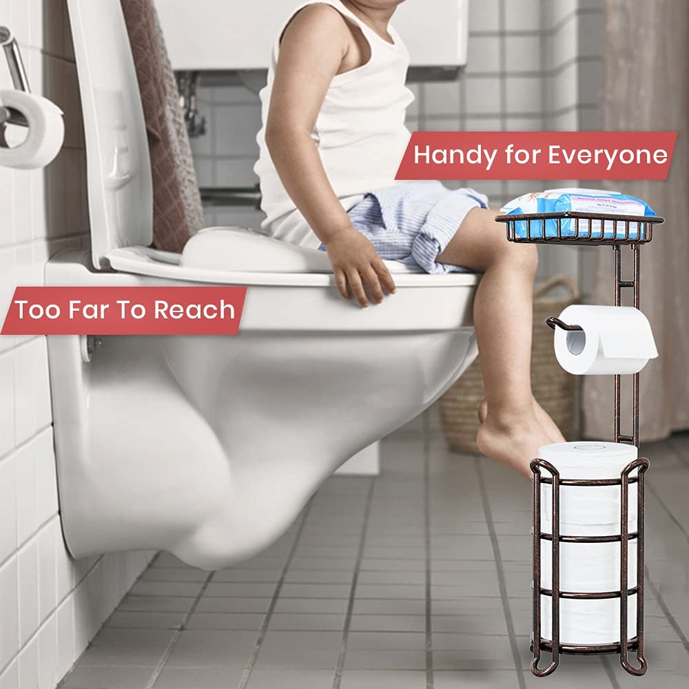 TreeLen Toilet Paper Holder Stand Tissue Holder for Bathroom Floor Standing Toilet Roll Dispenser Storages 4 Reserve Mega Rolls, Phone, Wipes-Vintage Bronze