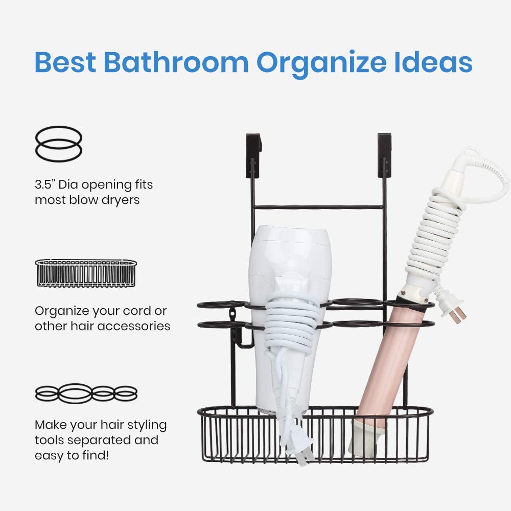 Bathroom Wall Mount Hair Care & Styling Tool Organizer Over The Cabinet Door Storage Basket for Hair Dryer, Flat Iron, Curling Wand, Hair Straightener, Brushes-Bronze