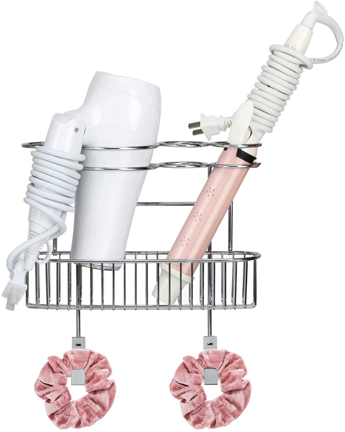 Hair Dryer Holder Organizer Bathroom Styling Tool Appliance Storage Caddy 2 in 1 Wall Mount /Cabinet Door for Hot Curling Iron Straightener Brushes-Chrome