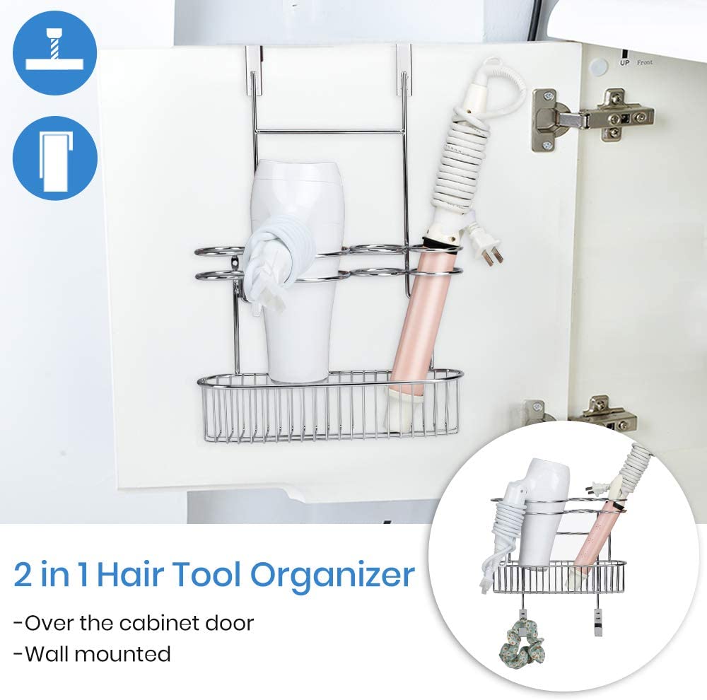 Hair Dryer Holder Organizer Bathroom Styling Tool Appliance Storage Caddy 2 in 1 Wall Mount /Cabinet Door for Hot Curling Iron Straightener Brushes-Chrome