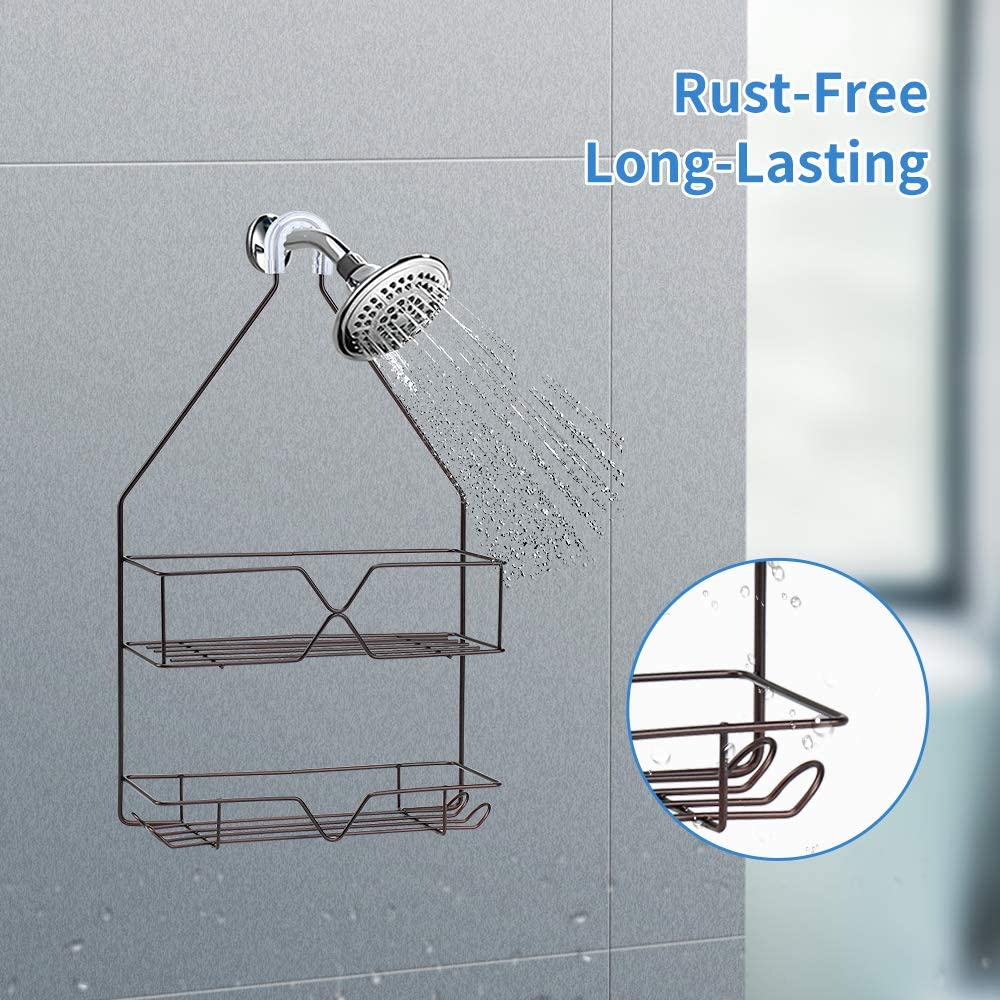 Shower Caddy Hanging over Shower Head Small Rust Roof Shower Organizer with 4 Hooks for Razor Shampoo Holder Bathroom Shower Rack Storage Shelf – Bronze