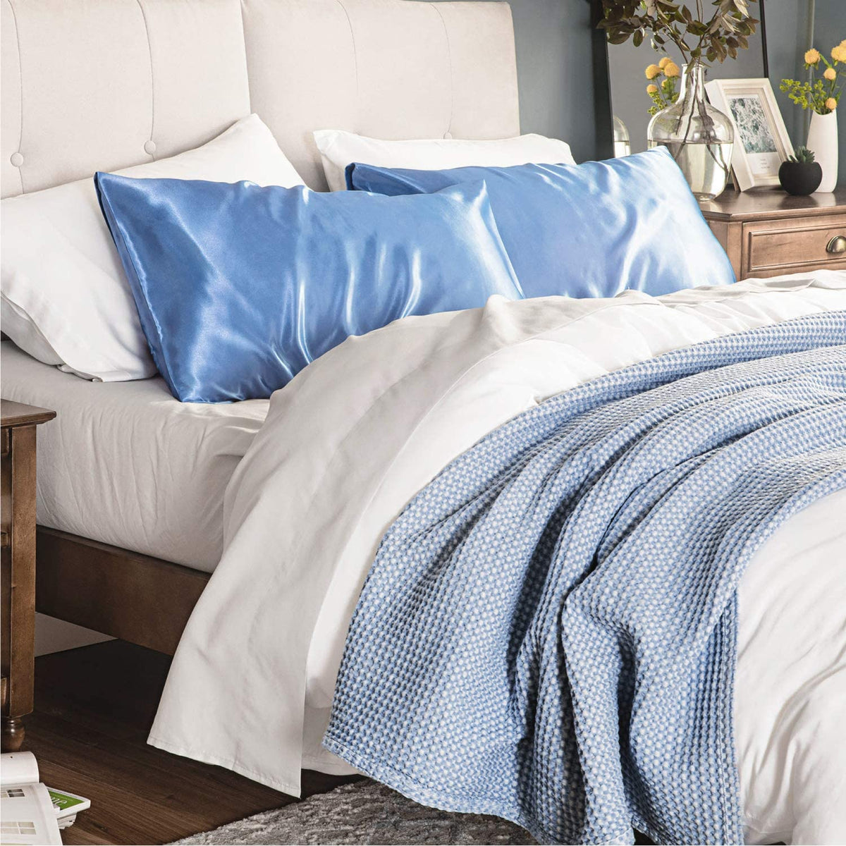 Satin Pillowcase for Hair and Skin, 2-Pack Pillow Cases - Satin Pillow Covers with Envelope Closure, Airy Blue