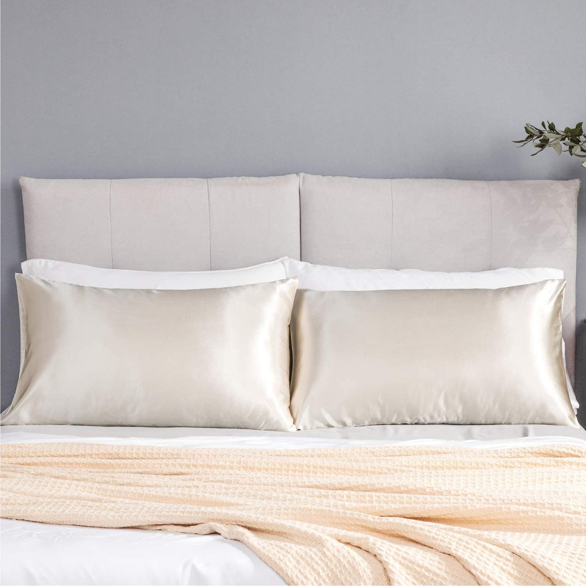 Satin Pillowcase for Hair and Skin, 2-Pack Pillow Cases - Satin Pillow Covers with Envelope Closure, Beige