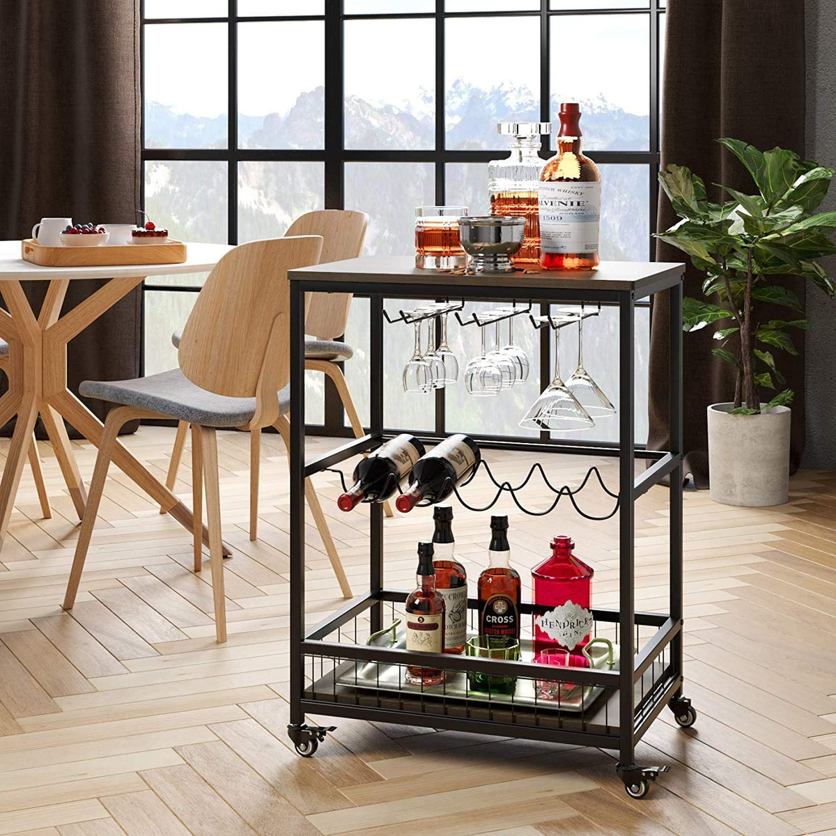 Bar Carts for Home, Mobile Wine Cart on Wheels, Wine Rack Table with Glass Holder, Utility Kitchen Serving Cart with Storage, Wood and Metal Frame,Dark Brown
