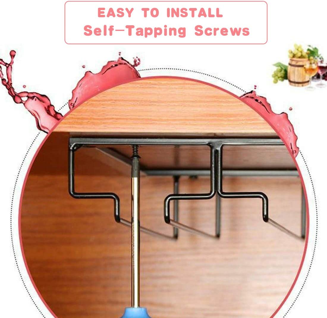 Wine Glass Rack - Under Cabinet Stemware Wine Glass Holder Glasses Storage Hanger Metal Organizer for Bar Kitchen Black