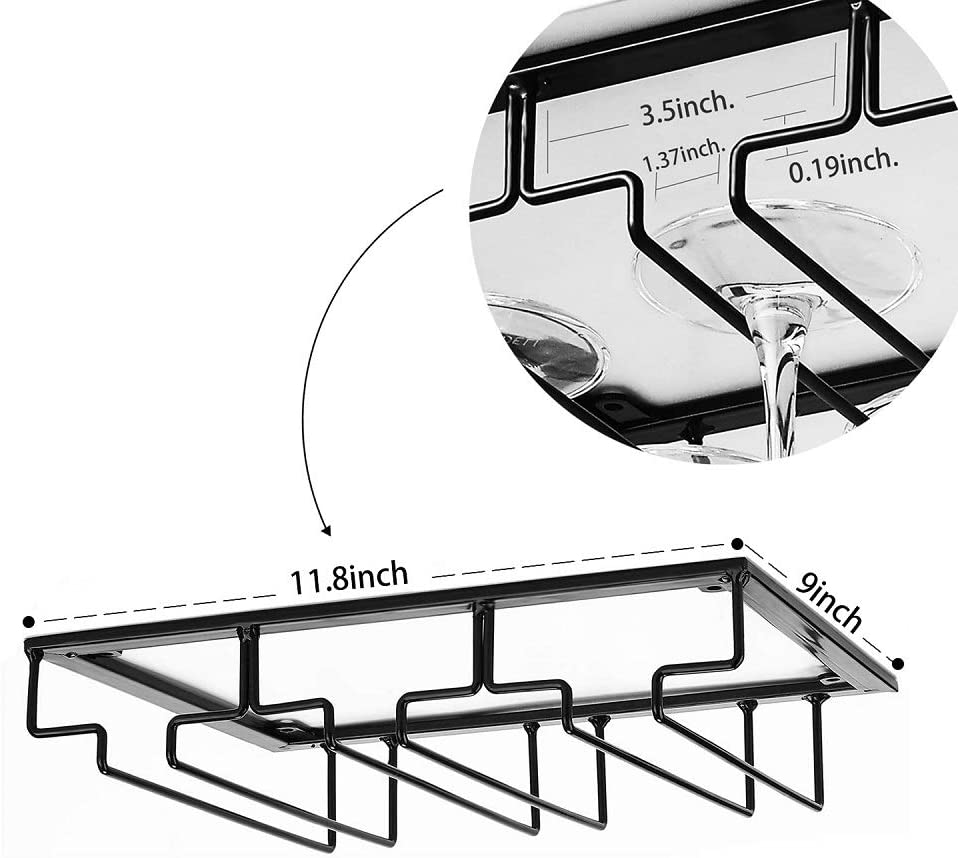 Wine Glass Rack - Under Cabinet Stemware Wine Glass Holder Glasses Storage Hanger Metal Organizer for Bar Kitchen Black
