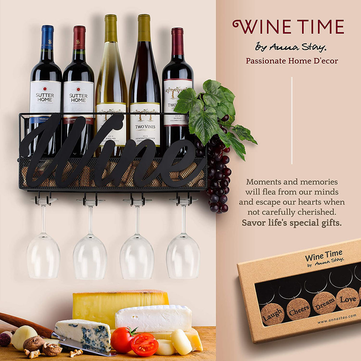 Wall Mounted Wine Rack - Bottle & Glass Holder - Cork Storage - Store Red, White, Champagne - Comes with 6 Cork Wine Charms - Home & Kitchen Décor - Designed by Anna Stay