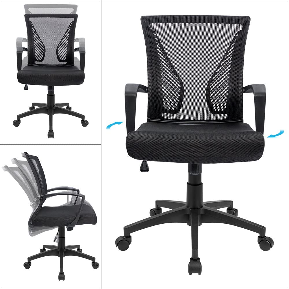 Office Mid Back Swivel Lumbar Support Desk, Computer Ergonomic Mesh Chair with Armrest (Black)