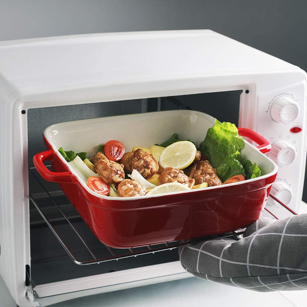 Ceramic Casserole Dish with Lid, 2.5Quart Square Lasagna Pan for Cooking, Dinner, Kitchen, 12.4 x 10.1 x 3.3 Inches (Red)