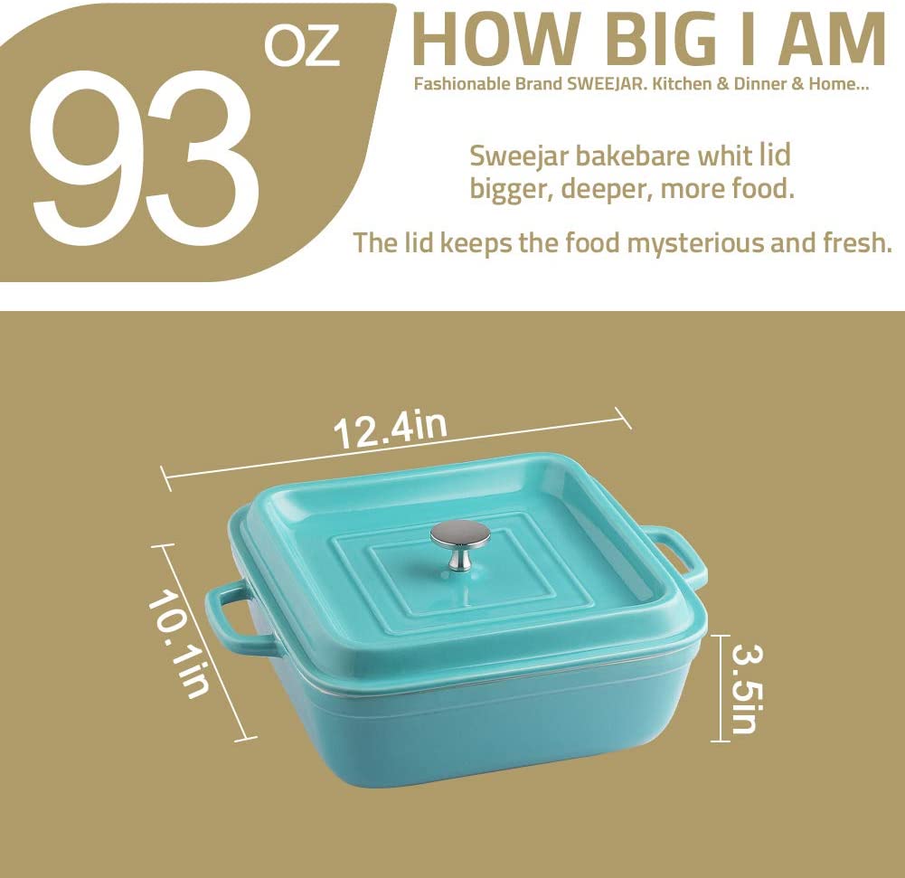 Ceramic Casserole Dish with Lid, 2.5Quart Square Lasagna Pan for Cooking, Dinner, Kitchen, 12.4 x 10.1 x 3.3 Inches (Red)