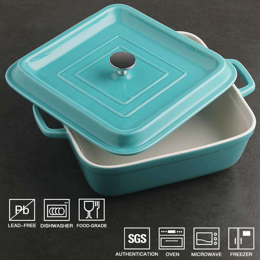 Ceramic Casserole Dish with Lid, 2.5Quart Square Lasagna Pan for Cooking, Dinner, Kitchen, 12.4 x 10.1 x 3.3 Inches (Turquoise)