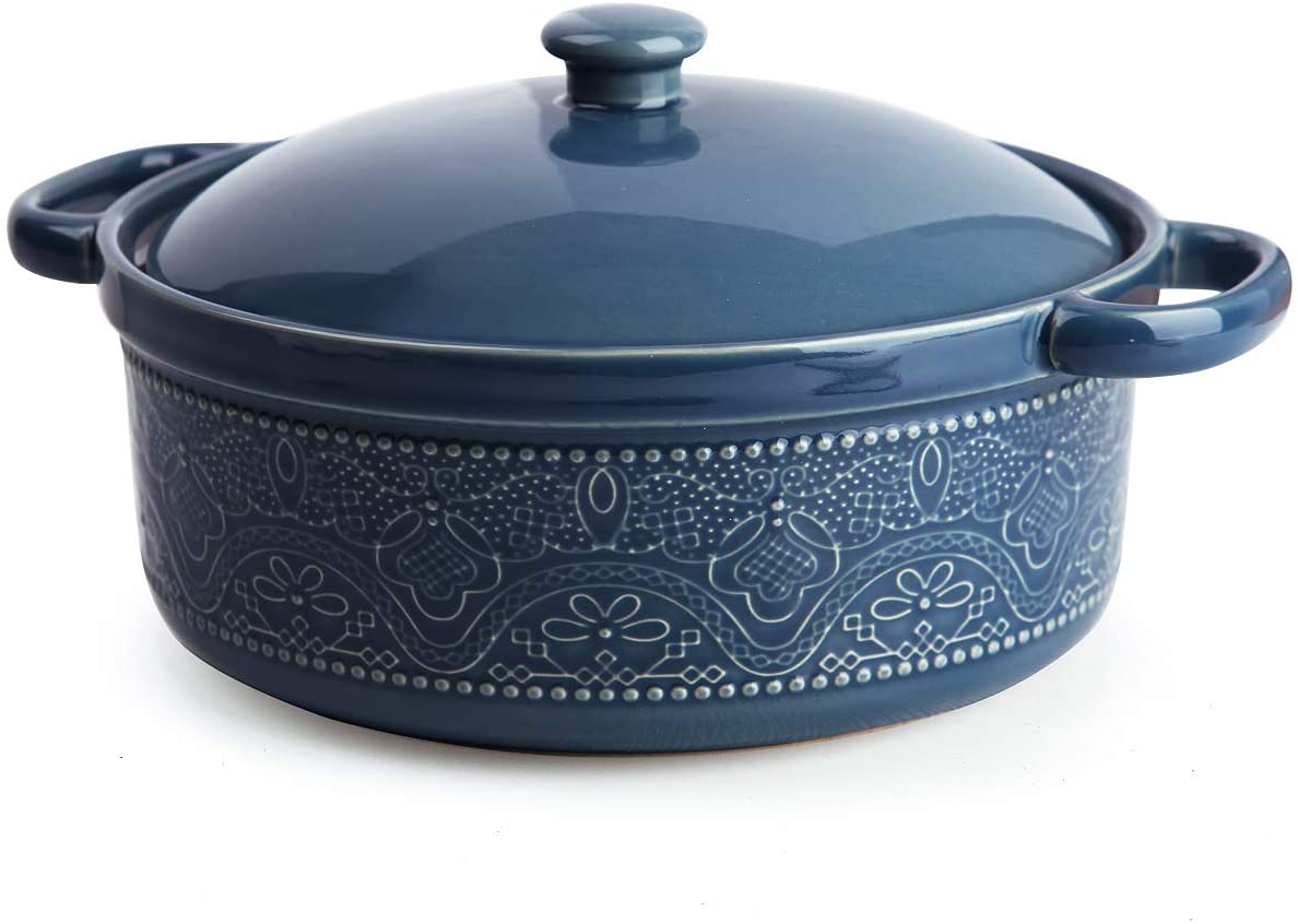 Casserole Dish, 2 Quart Round Ceramic Bakeware with Cover, Lace Emboss Baking Dish for Dinner, Banquet and Party (Blue)