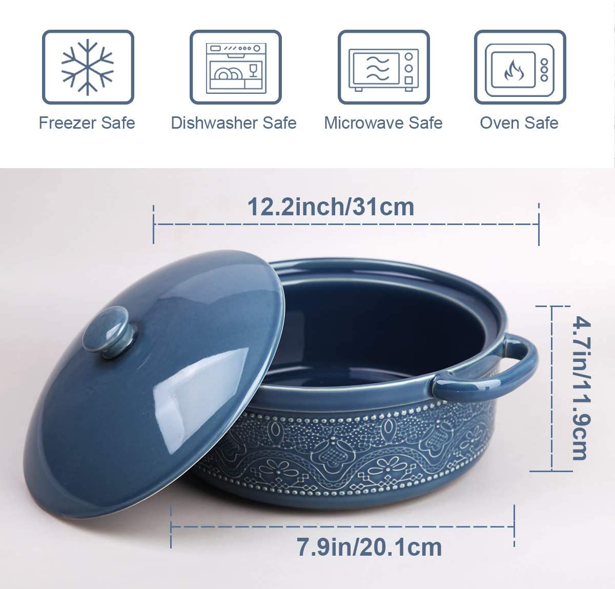 Casserole Dish, 2 Quart Round Ceramic Bakeware with Cover, Lace Emboss Baking Dish for Dinner, Banquet and Party (Blue)