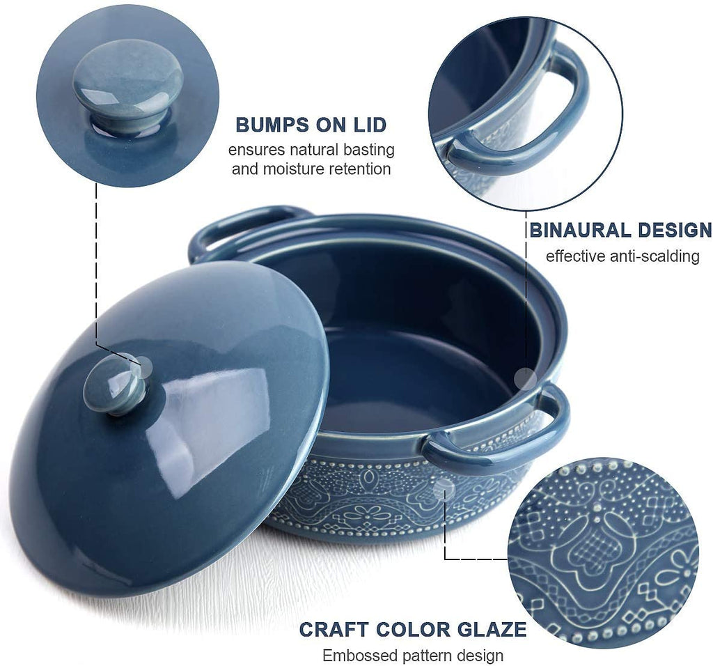 Casserole Dish, 2 Quart Round Ceramic Bakeware with Cover, Lace Emboss Baking Dish for Dinner, Banquet and Party (Blue)
