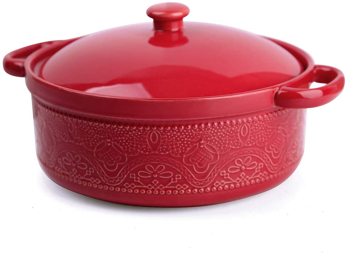 Casserole Dish, 2 Quart Round Ceramic Bakeware with Cover, Lace Emboss Baking Dish for Dinner, Banquet and Party (Red)
