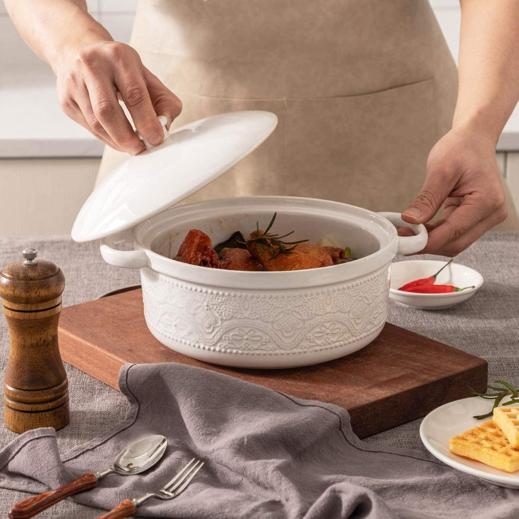 Casserole Dish, 2 Quart Round Ceramic Bakeware with Cover, Lace Emboss Baking Dish for Dinner, Banquet and Party (White)