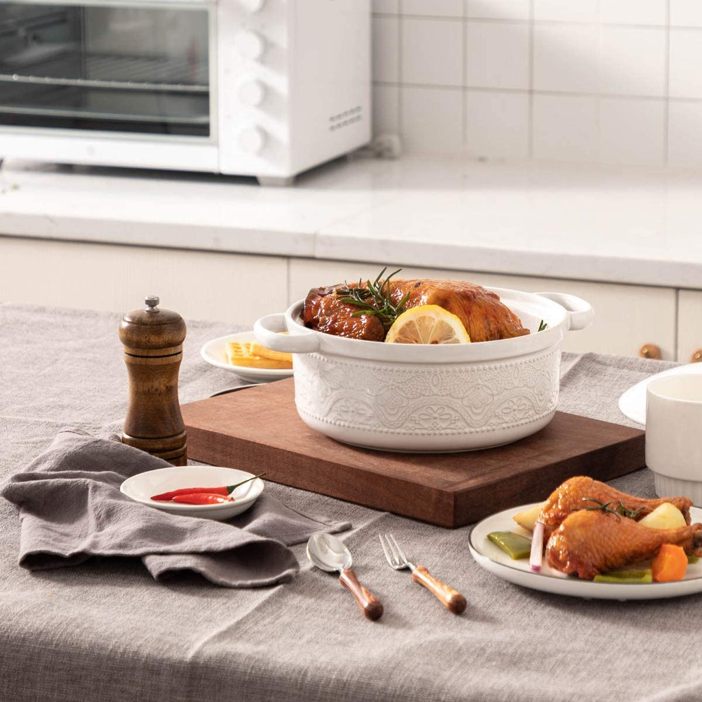 Casserole Dish, 2 Quart Round Ceramic Bakeware with Cover, Lace Emboss Baking Dish for Dinner, Banquet and Party (White)