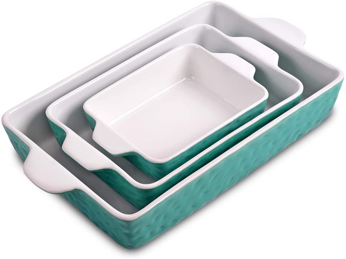 Bakeware Set, Ceramic Baking Dish, Rectangular Baking Pans Set, Casserole Dish for Cooking, Cake Dinner, Kitchen, Wrapping Upgrade, 12 x 8.5 Inches, 3-Piece (Cyan)