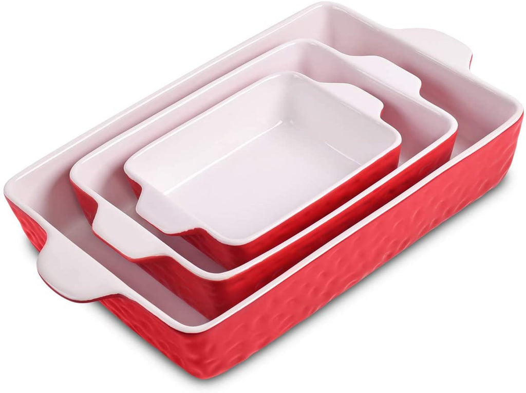 Bakeware Set, Ceramic Baking Dish, Rectangular Baking Pans Set, Casserole Dish for Cooking, Cake Dinner, Kitchen, Wrapping Upgrade, 12 x 8.5 Inches, 3-Piece (Red)