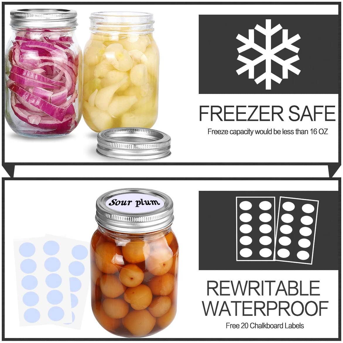Mason Jars 16 oz With Regular Lids and Bands, Ideal for Jam, Honey, Wedding Favors, Shower Favors, Baby Foods, 12 PACK, 20 Whiteboard Labels Included